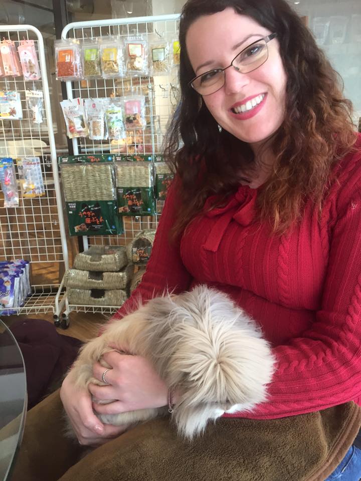 Dressed casually at the rabbit cafe