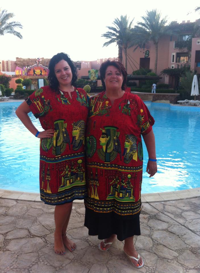 Me and my Mum in our matching Egyptian print dresses bought from the gift shop.